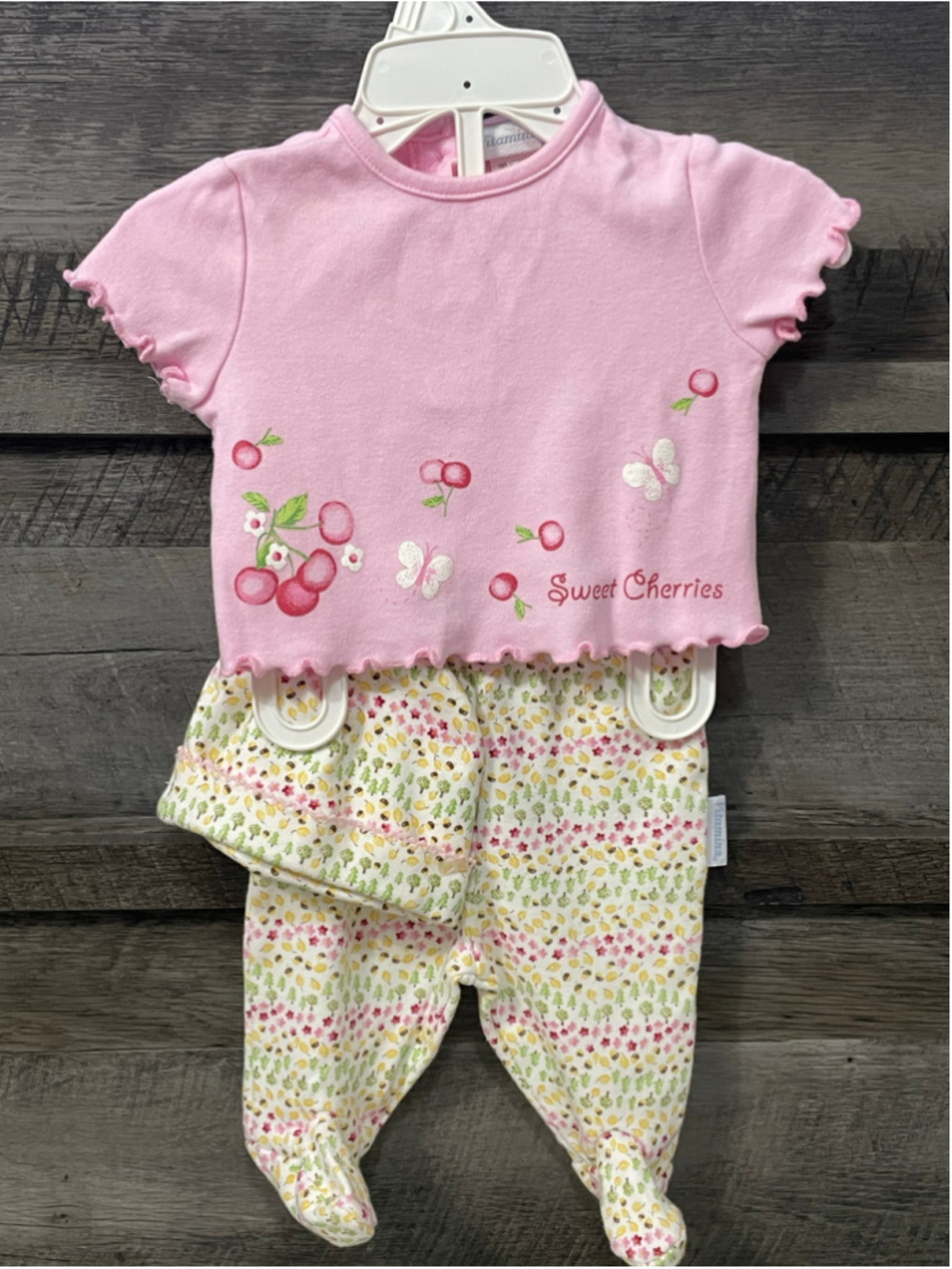 Vitamins Baby Vintage Pink Cherry Embroidered Shirt Footed Pants Hat 0-3 Months